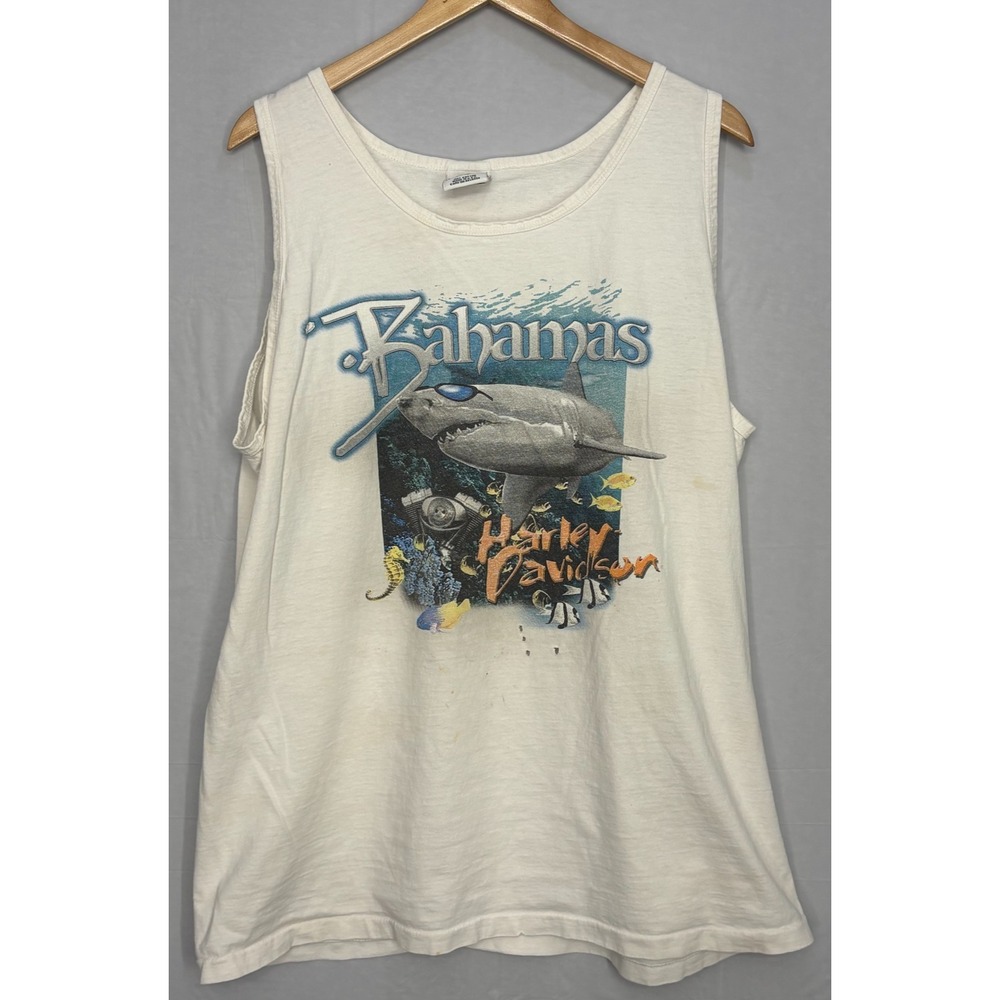 Nassau Bahamas Shark Tank Top Mens‎ White Graphic XL Vintage 90s Harley Davidson
